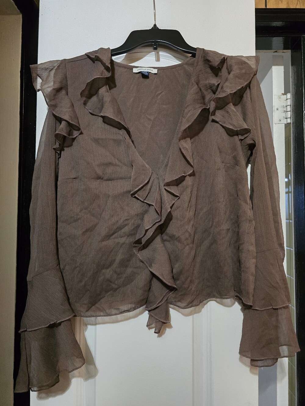 American Eagle Outfitters Women's Brown Ruffle Front & Sleeves Blouse - Large